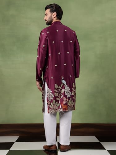 Image of SOJANYA (Since 1958 Men's Cotton Silk Flora & Fauna Embroidered Long Kurta