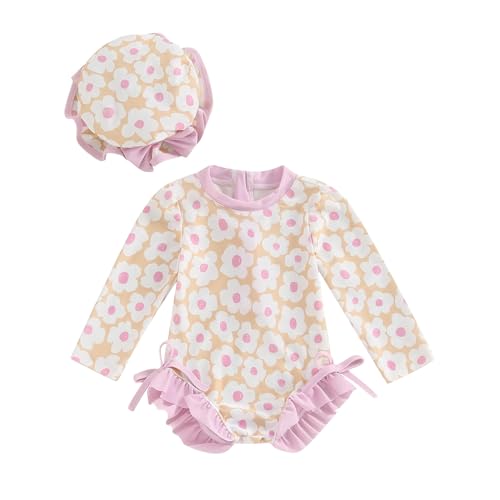 Image of Toddler Baby Girl Cute Rash Guard Floral Long Sleeve Zipper Swimsuits Summer Beach Bathing Suits