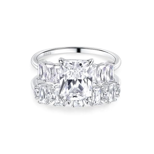 VOLUKA Solid 925 Silver CZ Promise Ring Set White Gold Plated Cubic Zirconia Wedding Engagement Ring For Women Trendy Rectangular Cut Ring