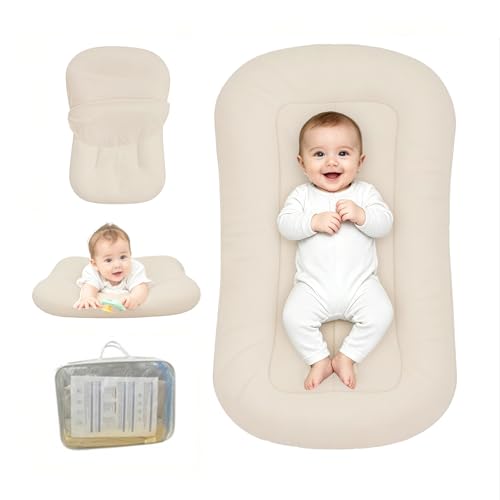 Image of Baby Lounger for Newborn, Bionic Design Baby Lounger, Soft Organic Cotton Breathable Lounger for Infants 0-24 Months (Light Khaki)