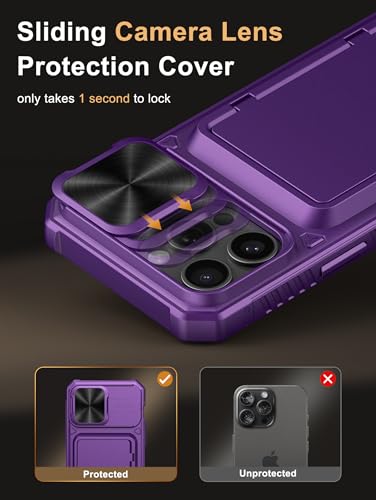 Image of Vihibii for iPhone 15 Pro Max Case with Card Holder (4 Cards) & Slide Camera Cover & Kickstand, Military Grade Drop Protection, Rugged Hard Back & Silicone Edge Wallet Back Cover, 6.7 inch, Dark Purple