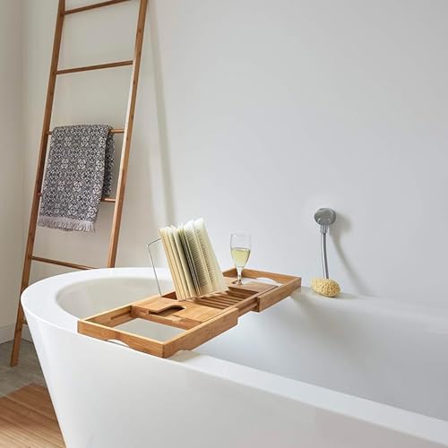 Tablette baignoire bois extensible Wintem porte-gobelet porte-objets salle de bain - 7