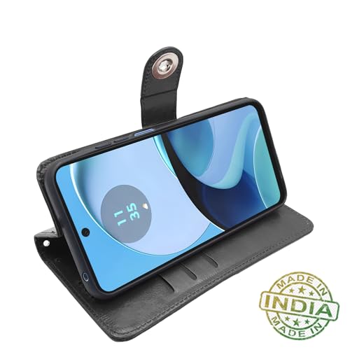 Image of Pikkme Flip Cover Leather Finish | Inside TPU with Card Pockets | Wallet Stand and Shock Proof | Complete Protection Button Flip Case for Moto G14(Black)