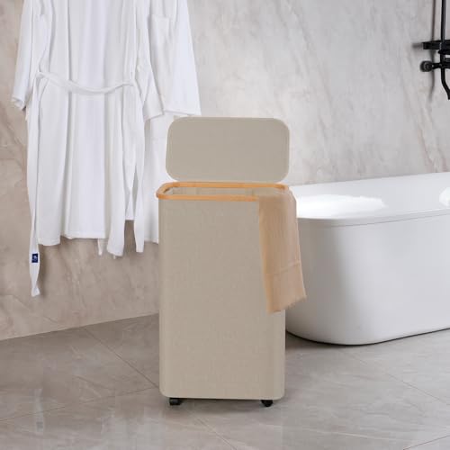 Image of efluky Slim Laundry Hamper with Wheels, Narrow Laundry Basket with Lid and Removable Bag, Aesthetic Dirty Clothes Hamper on Wheels for Laundry Room, Bedroom, Dorm and Bathroom, 75L Beige