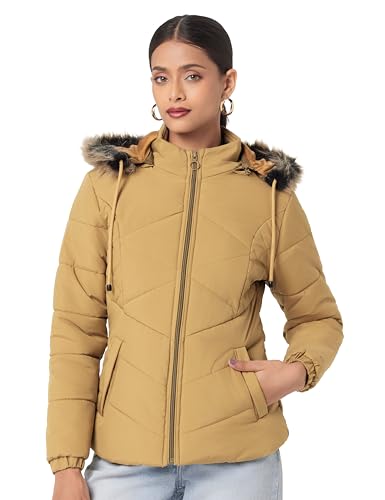 Image of Qube By Fort Collins Women's Polyester Crop Length Bomber Jacket With Detachable Hood Stylish & Versatile Winter Wear