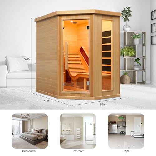 1-2 Person Infrared Sauna with Single Recliner,220V 2300W Indoor Dry Wooden Sauna Room with 8 Heating Panels, Oxygen Bar,Panoramic Tempered Glass