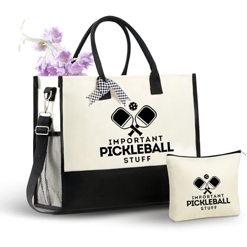 Image of InnoBeta Pickleball Gifts for Women Canvas Tote Stuff Bag with Top Zipper, Shoulder Strap