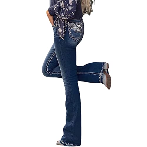 QJBMEI Women's Jeans Feather Flower Embroidery Mid Rise Stretchy Bootcut Slim Wide Leg Pants3