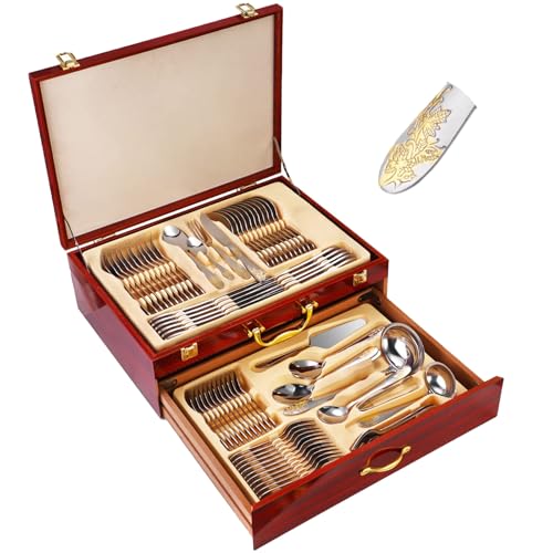 Juego de cubiertos de acero inoxidable para 12 personas, cubiertos completos con cuchillos, tenedores y cucharas, elegantes utensilios de comedor, viene con caja de regalo de madera para varias