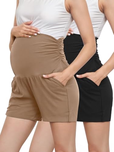 PARNIXS Sommermode Hotpants für Schwangerschaft, Kurze Hose mit Tasche, Bequeme und atmungsaktive Jogging-Shorts, Baseball-Sweathose, Schwarz, M