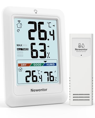 Newentor MAX MIN Thermometer innen außen 24/48 Std./alle Zeiten - Hygrometer Luftfeuchtigkeitsmesser mit Luftkomfort - Wetterstation Funk mit Außensensor - Raumthermometer innen mit Beleuchtung, Weiß Newentor MAX MIN Thermometer innen außen 24/48 Std./alle Zeiten - Hygrometer Luftfeuchtigkeitsmesser mit Luftkomfort - Wetterstation Funk mit Außensensor - Raumthermometer innen mit Beleuchtung, Weiß