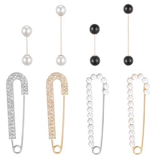 Image of 8Pcs Women Brooch Pins, Sweater Shawl Clips Brooches and Pins for Women Artificial Crystal Pearl Brooches Pant Waist Tightener Safety Clips for Dress Shirt Jeans Clothing Decoration Accessories