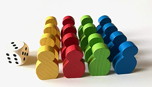 Spieltz Spielfiguren Set aus Holz für Ludo. Große beklebbare Spielfiguren 21x34x8 mm, 4X 4 Figuren + 1 großer Würfel