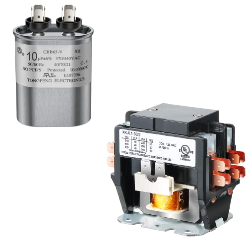 120V 30A 2P Carrier HVAC Motor Contactor with 10 uF ±6% 370V/440V Capacitor CBB65B Compatible with C230B, Air Conditioner, Heat Pump, Refrigeration Systems