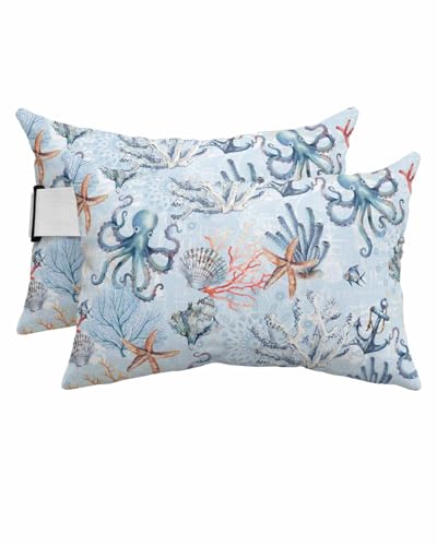 Anzona Pack of 4 Summer Beach Coastal Lumbar Pillow Covers, Outdoor Waterproof Throw Pillow Covers Set, Nautical Octopus Coral Starfish Decorative Cushion Case for Patio Beach, 11x16 Inch