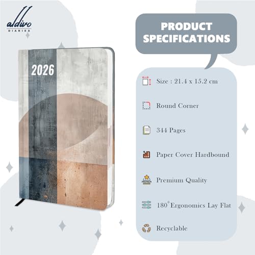 Image of ALDIVO Paper Cover Hard Bound New Year Diary 2026 | A5 Size 365 Days 2026 Daily Planner Diary with Dates, Calendar, Month Cut Index and Bookmark For Office, Personal and Corporate Use (AD613)