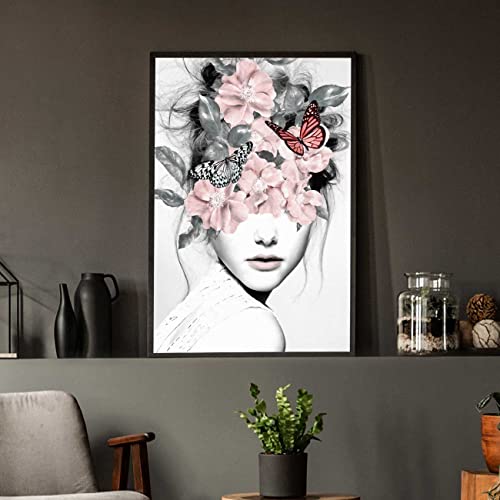 Image of PAINTINGMANTRA Blossom Pink Girl Flower Bouquet Black Framed Canvas Print for Wall, Home and Living Room Decoration (Size - 23 x 17 Inchs)