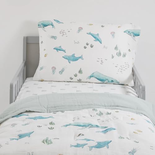 Image of Little Unicorn Toddler Bedding 3-Piece Set | Includes Comforter, Crib Sheet & Pillowcase | Soft & Breathable Muslin Fabric | for Convertible Cribs & Toddler Beds (Whales)