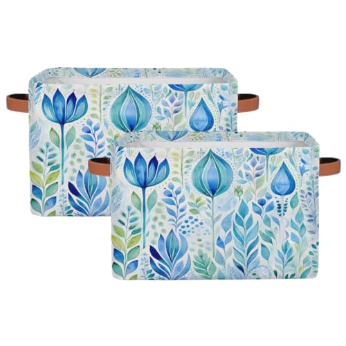 DJYQBFA Blue Flower Leves Storage Bin Collapsible Storage Basket Fabric Cube Storage Boxes Organizer with Handles for Shelves Clothes Toys Kitchen Laundry, 2 PCS