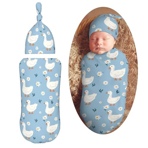 Image of Cute White Geese Swaddle Blanket with Beanie Hat Set - Soft Baby Receiving Blankets and Swaddle Blankets for Newborn Boys and Girls