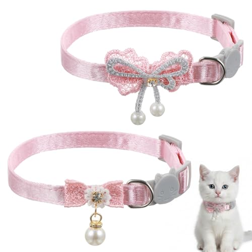 Nogeqi 2 Pcs Cute Cat Collar, Pearl Pink Cat Collar, Adjustable Kitten Collars with Bow Tie, Elegant Cats Accessories for Girls Small Dogs and Cats(2 Styles)