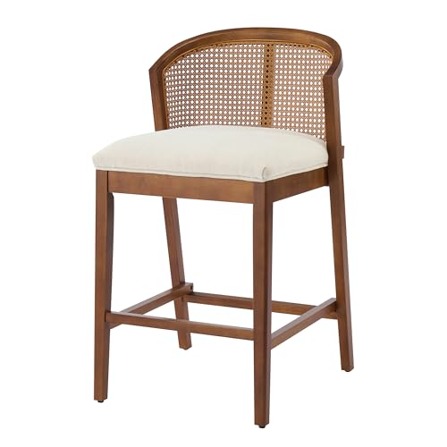 Image of Christopher Knight Home Jane Rattan Counter Stools Set of 4, Counter Height Bar Stools for Bar Table, Rubberwood Frame with Upholstered Barstools, Wood Accent Chair with Footrest, Beige + Walnut