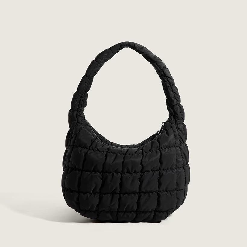 Puffer Underarm Handbag For Women, Small Cute Designer Hobo Bag, Quilted Padding Bags, Soft Nylon Puffy Purse (Black)
