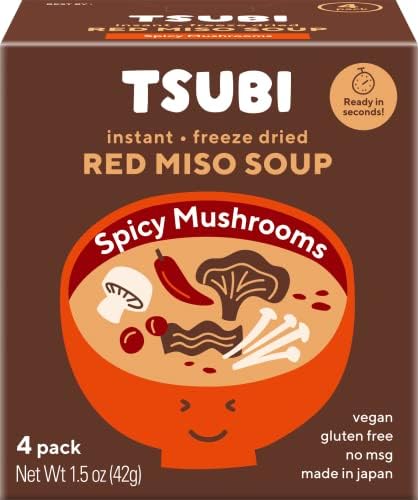Tsubi Miso Soup Vegan Instant Soup, Low Carb, Non-GMO, Gluten Free Miso Soup, 6 oz Servings, (Red Miso w/Spicy Mushrooms, Pack of 4)