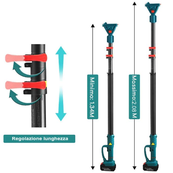 Kit Set per Potatura a Batteria, con Cesoie Forbici e Mini Motosega da 6" Pollici con pompa olio, con Asta Telescopica da 208 cm, Potatura Giardino Rami Arbusti Vigneto - Guanti e Occhialini