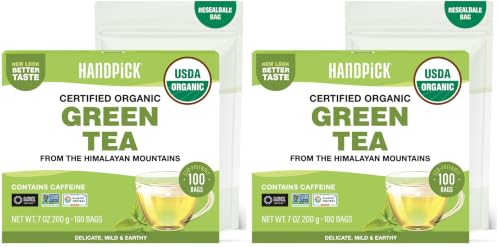 Image of HANDPICK, Organic Green Tea Bags - 100 Eco-Friendly Tea Bags | USDA Organic | Resealable Pack for Freshness | Delicate & Flavory | Direct From India (Pack of 2)