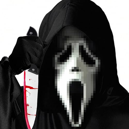 JOYTIX®Máscara de Ghostface Scream con Capucha y Cuchillo Sangriento - Disfraz de Terror Halloween de EV con Guantes Elásticos para Adultos - Accesorio para Noches de Horror