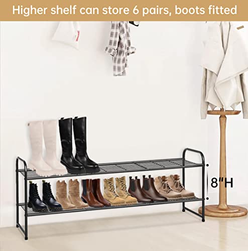 Image of KEETDY 2-Tier Long Shoe Rack for Closet Metal Shoe Organizer for Entryway, Wide Stackable Shoe Storage Shelf with Sturdy Wire Grid for Closet Floor, Bedroom, Black