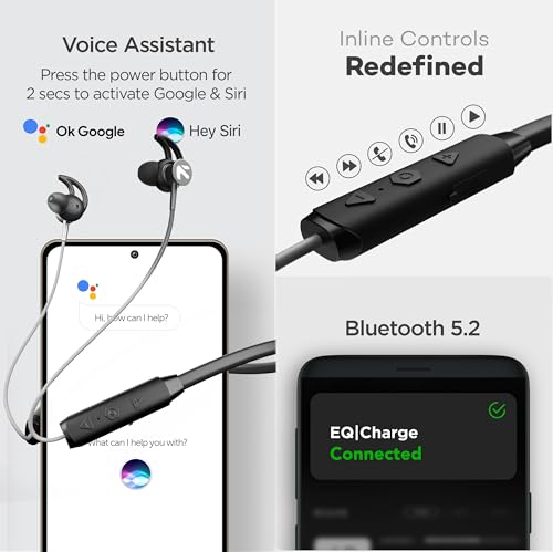 Image of GOBOULT EQCharge Bluetooth Earphones with 32H Playtime, Zen ENC Mic, Dual Device Connectivity, Type C Fast Charging, 14.2mm Bass Driver, Made in India (Jet Black)