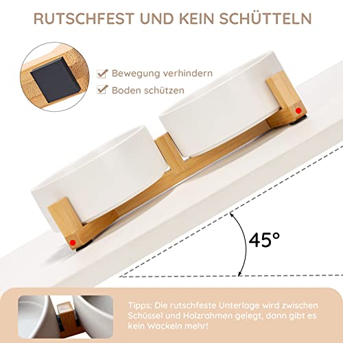 SPUNKYJUNKY Hundenapf Keramik Doppel Hund Futternapf mit Bambus Ständer für Katzen und Hunde (400ml, Weiß)