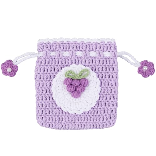 GORGECRAFT Small Crochet Drawstring Bags Handmade Small Crochet Purse Purple Cartoon Grapes Imitation Pearl Knitted Storage Bag Kawaii Coin Pouch Knitting Change Wallet Handbag for Women Girls