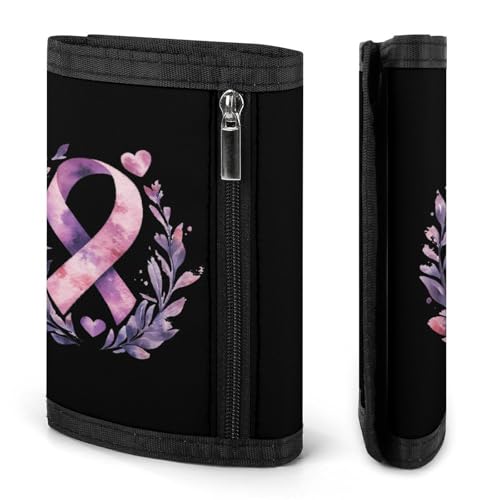 Cancer Awareness with Flowers Trifold Wallets for Men Women Ultra Thin Card Holder Purse with Zip Coin Pocket3