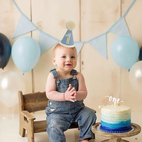 Ereniko Grey Blue Party Hat First Birthday Hat 1 Boy 1st Baby Birthday Hat One Year Old Baby Party Hat Photoshoot Props Photo Props Felt Cake Smash Light Blue by Ereniko - Image 7