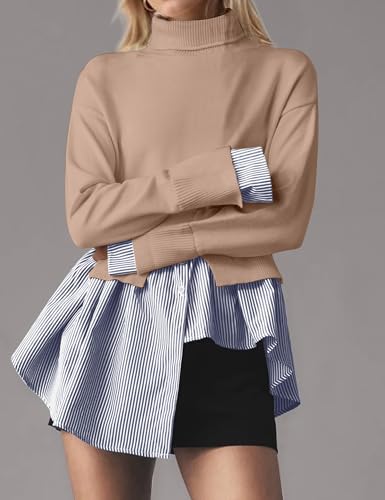 Image of Women Turtleneck Slit Patchwork Knit Pullover Sweater 2 in 1 Asymmetrical Hem Striped Button Down Shirt Tops