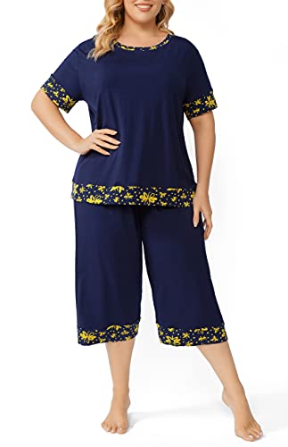 Zerdocean Women's Plus Size Sleepwear Pajama Set Short Sleeve Tops With Capri Pants Nightwear Two-Piece Pj Lounge Sets Navy 2X #TOP1