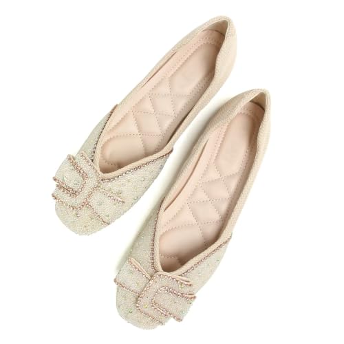 Image of SAILING LU Women's Rhinestone Square Toe Bowknots Ballet Flats Loafers
