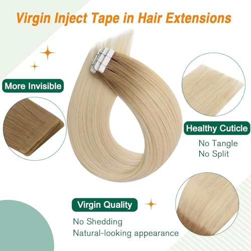 Image of Easyouth Tape in Human Hair Extensions Ombre Injection Tape in Extensions Light Golden Brown Ombre Platinum Blonde Hair Extension Tapes in 24 Inch 12.5G 5Pcs