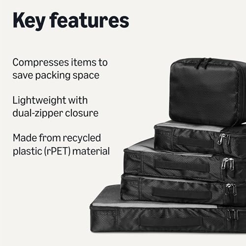 Image of Amazon Essentials 8-Piece Packing Cubes Travel Accessories Set, Luggage Organiser with Double Zip, rPET Construction, Space-Saving Design, Black