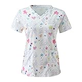 Briskorry Schlupfkasack Damen Bunt Pflege V-Ausschnitt Kasack mit Cartoon Motiv Übergröße Schlupfhemd Berufskleidung Arbeitskleidung Krankenschwester Kleidung T-Shirt