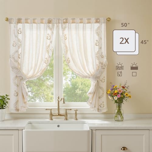 Image of jinchan Beige Floral Linen Kitchen Tier Curtains 50x45 Inch 2 Panels