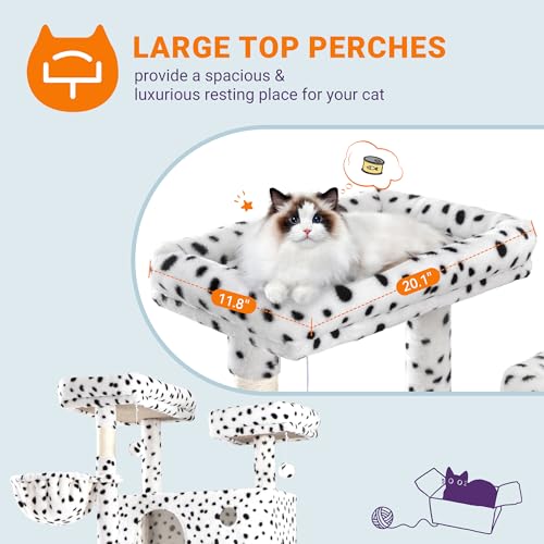Image of Allewie 81 Inches Tall Cat Tree /Multi-Level Large Climbing Tree House and Towers for Big Feline /Condo and Hammock /Scratching Post /Wide Base /White & Black Spot