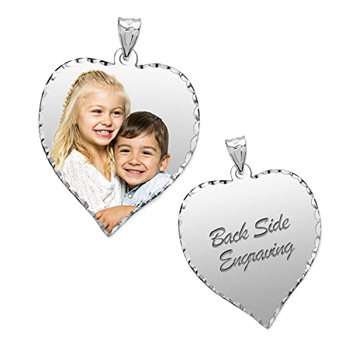 PicturesOnGold.com Personalized Photo Engraved Heart Shaped Custom Photo Pendant/Photo Necklace/Photo Charm with Diamond Cut Edge - 1 Inch x 1 Inch (14k White Gold)