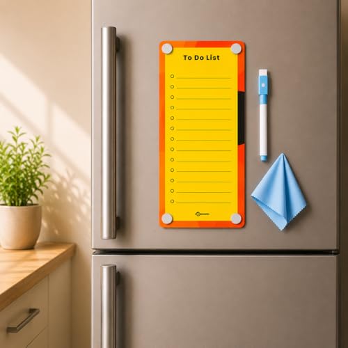 Image of Magnetic Planner Board for Fridge - to Do List | 24x10 cm | Acrylic Writing Board for Kitchen Fridge, Notepad | Reusable Shopping List Board, Checklist with Pen | Orange