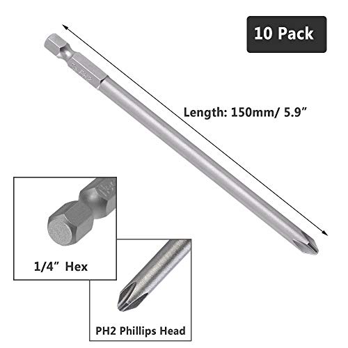Yakamoz 10Pcs 1/4 Inch Hex Shank Ph2 Long Magnetic Phillips Screwdriver Bit Set Quick Release Cross Head Screw Driver Bits | 5.9" Length #TOP2