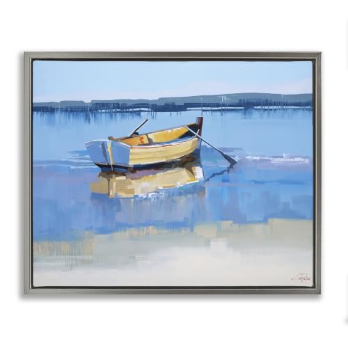 'Row Boat on Blue Coastal Shore Beach Landscape'| Floating Frame Canvas Art