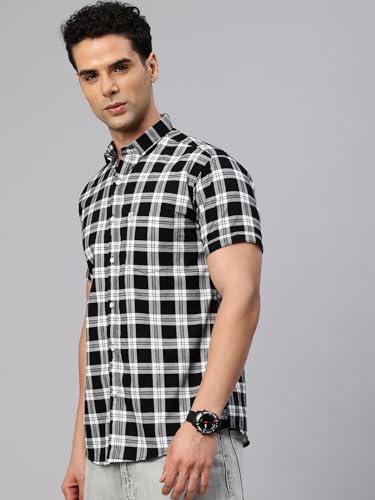 Image of Majestic Man Slim Fit Pure Cotton Checked Half Sleeve Casual Shirt
